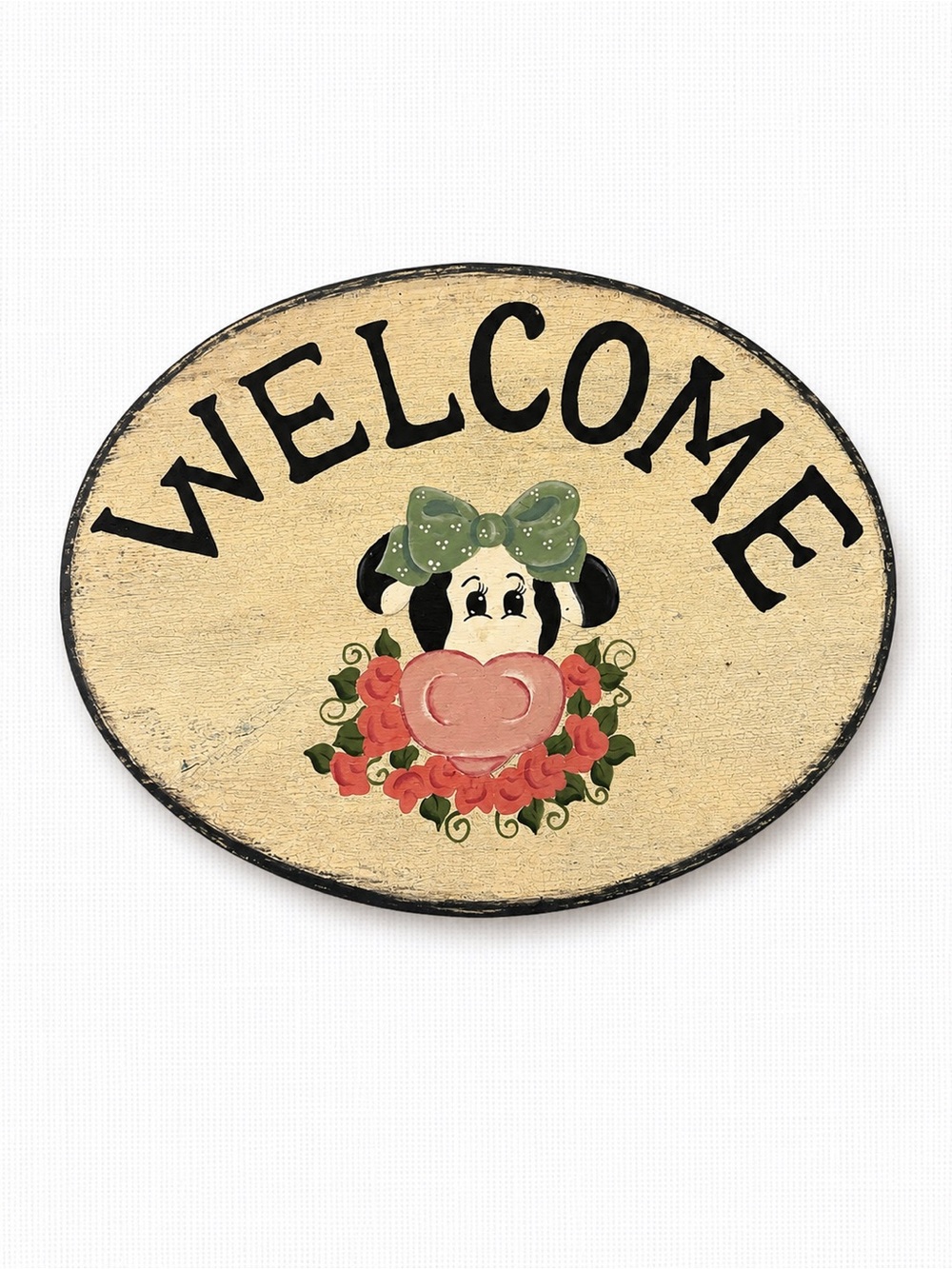 Vintage 90s Hand Painted Cow Welcome Sign Rustic Farmhouse Wall Decor